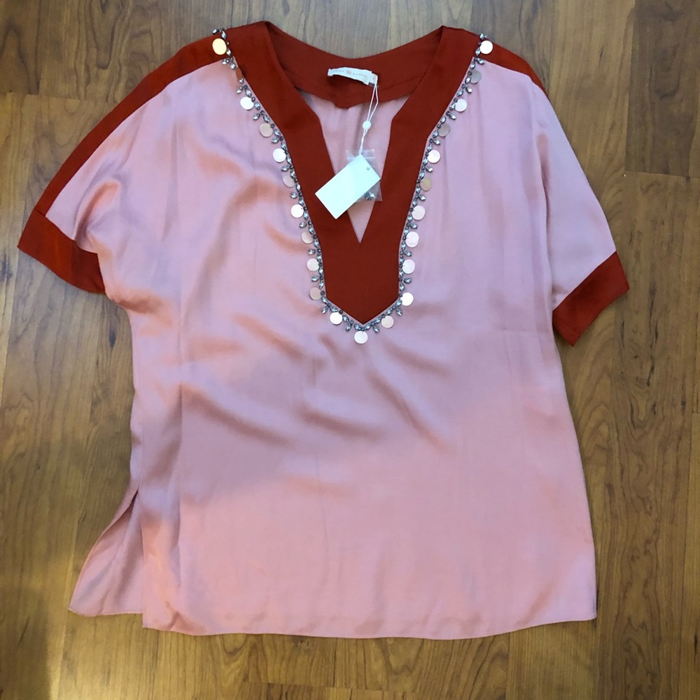 Tory Burch Pink and Rust Embellished V-Neck Tunic